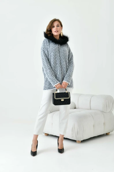 FTZ Women Kadın Kürk Detaylı Hırka  Ekru 20733 - Resim 5