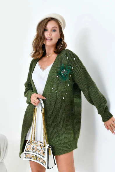 FTZ Women Kadın Broş Detaylı Hırka  Haki 20789 - Resim 2