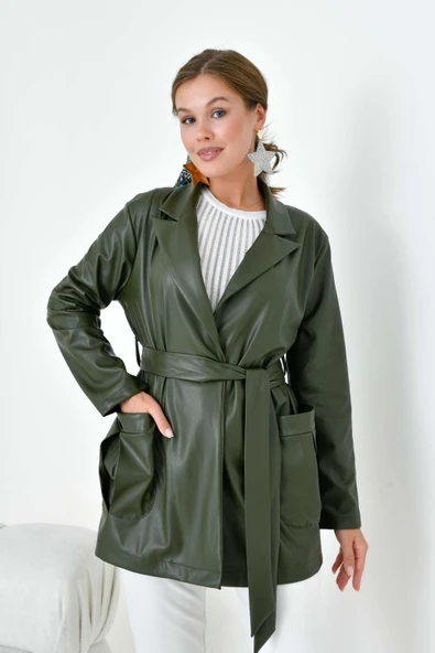 FTZ Women Kadın Deri Ceket  Haki 30917 - Resim 4