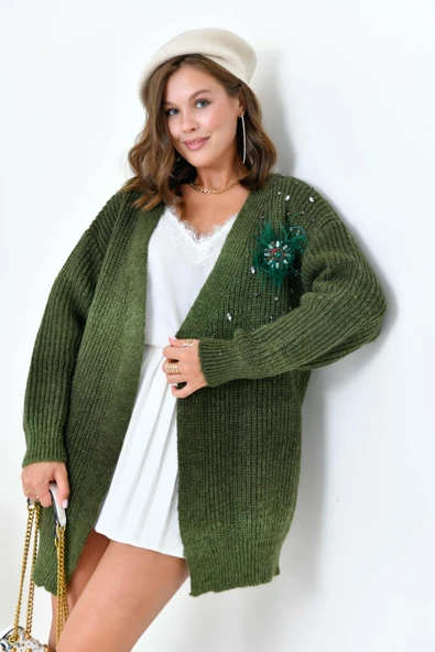 FTZ Women Kadın Broş Detaylı Hırka  Haki 20789 ürün görseli 1