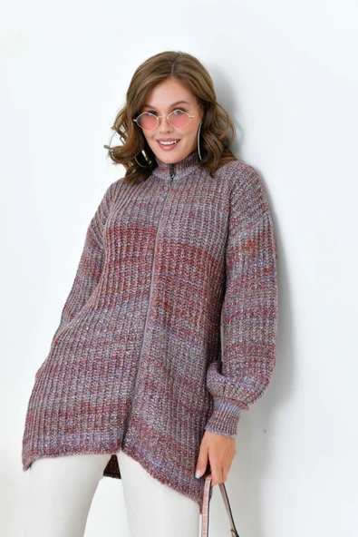 FTZ Women Kadın Degrade Fermuarlı Hırka  Kiremit 20871 - Resim 2