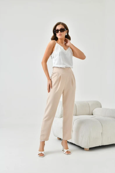 FTZ Women Kadın Lastikli Pleli Dar Paça Pantolon  Beige 30744 - Resim 6