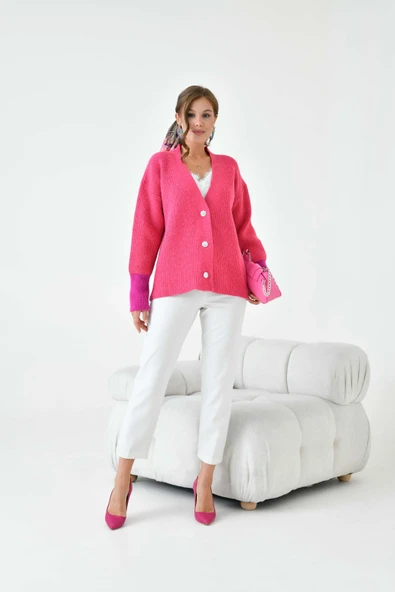 FTZ Women Kadın Kol Detaylı Hırka  Fuşya 20826 - Resim 5