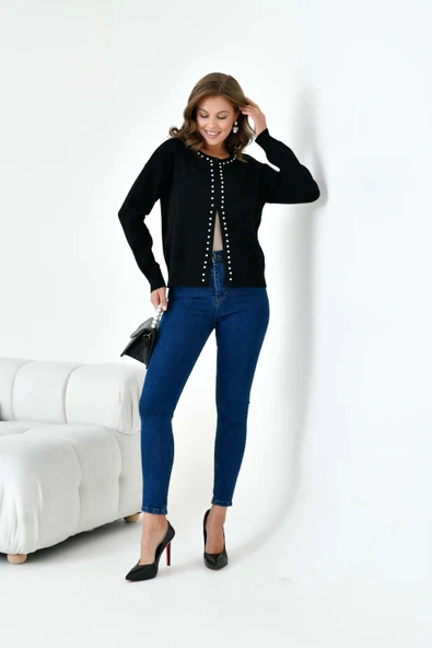 FTZ Women Kadın İnci Detaylı Hırka  Siyah 20808 ürün görseli