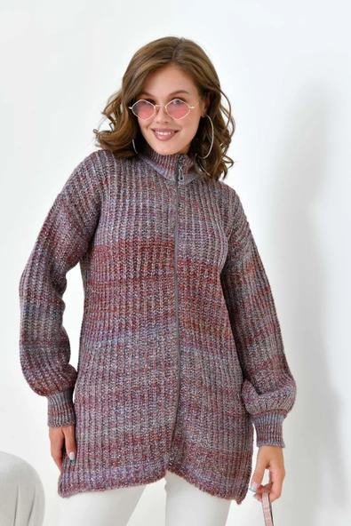 FTZ Women Kadın Degrade Fermuarlı Hırka  Kiremit 20871 - Resim 3