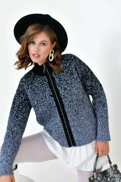 FTZ Women Kadın Fermuar Detaylı Hırka  Gri Siyah 20870 - Resim 2