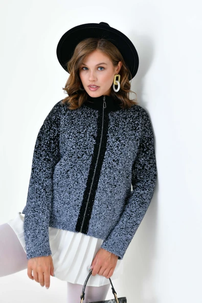 FTZ Women Kadın Fermuar Detaylı Hırka  Gri Siyah 20870 ürün görseli 1