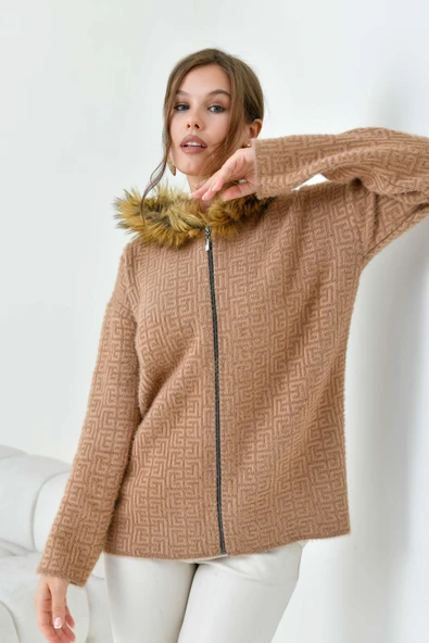 FTZ Women Kadın Kürk Detaylı Hırka  Bisküvi 20733