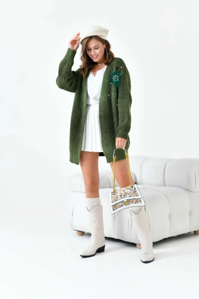 FTZ Women Kadın Broş Detaylı Hırka  Haki 20789 - Resim 5