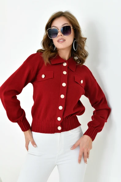 FTZ Women Kadın Süs Cep Detaylı Hırka  Bordo 20857 - Resim 2