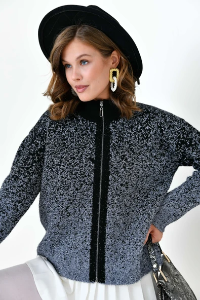 FTZ Women Kadın Fermuar Detaylı Hırka  Gri Siyah 20870 - Resim 3