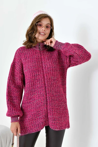 FTZ Women Kadın Degrade Fermuarlı Hırka  Fuşya 20871 - Resim 5