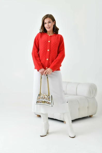 FTZ Women Kadın Gold Düğme Detalı Hırka  Kırmızı 20700 - Resim 5