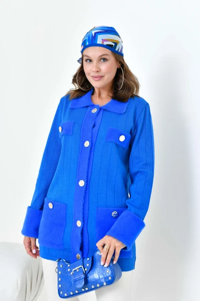 FTZ Women Kadın Pile Detaylı Hırka  Saks Mavi 20714 - Resim 2