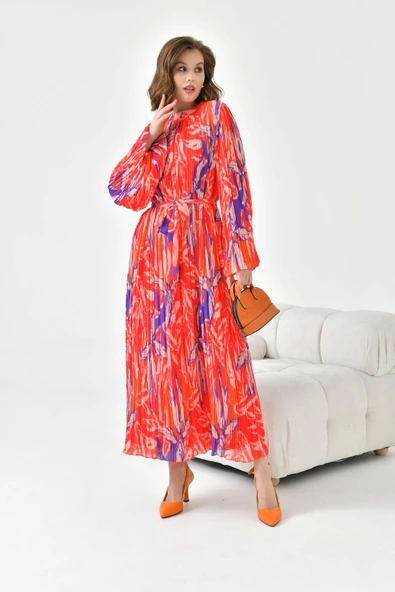 FTZ Women Kadın Desenli Pliseli Elbise  Kırmızı 30746 ürün görseli