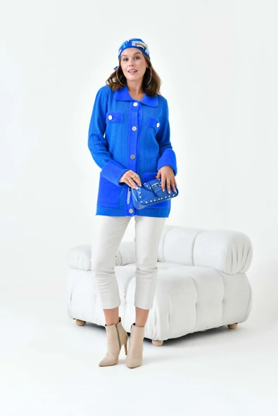 FTZ Women Kadın Pile Detaylı Hırka  Saks Mavi 20714 - Resim 3