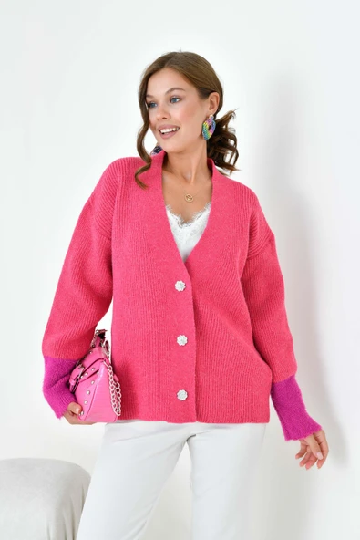 FTZ Women Kadın Kol Detaylı Hırka  Fuşya 20826 - Resim 2