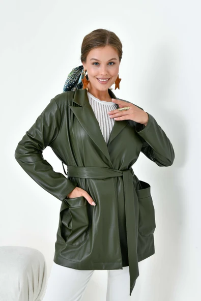 FTZ Women Kadın Deri Ceket  Haki 30917 - Resim 3