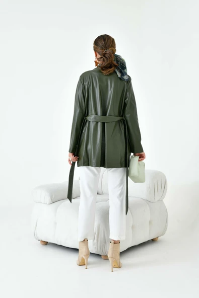 FTZ Women Kadın Deri Ceket  Haki 30917 - Resim 7