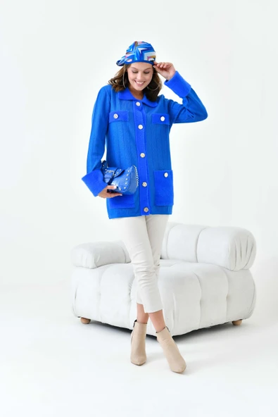 FTZ Women Kadın Pile Detaylı Hırka  Saks Mavi 20714 - Resim 5