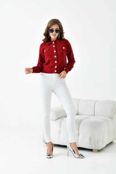 FTZ Women Kadın Süs Cep Detaylı Hırka  Bordo 20857 - Resim 4