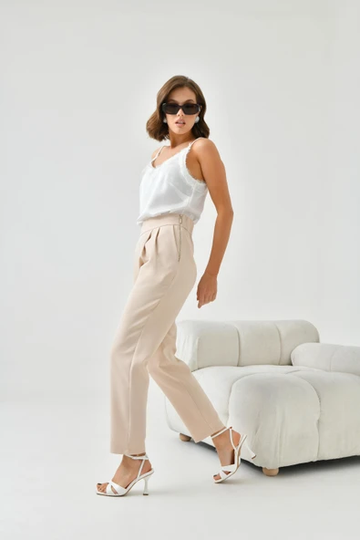 FTZ Women Kadın Lastikli Pleli Dar Paça Pantolon  Beige 30744 - Resim 3