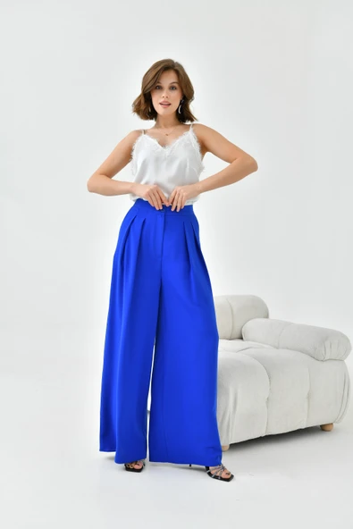 Ftz Women Kadın Lastikli Pleli Pantolon Saks Mavi 30762