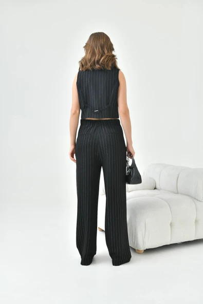 FTZ Women Kadın Simli Crep Yelekli Takım  Siyah 30851 - Resim 7