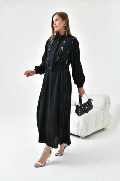 FTZ Women Kadın Simli Crep Etekli Takım  Siyah 30839 - Resim 5