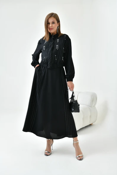 FTZ Women Kadın Simli Crep Etekli Takım  Siyah 30839 - Resim 3