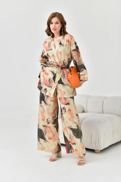 FTZ Women Kadın Varak Detay Kimono Takım  Beige 30811 - Resim 5