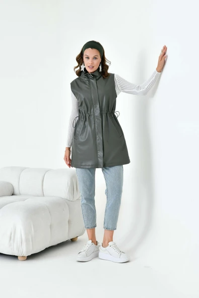 FTZ Women Kadın Deri Yelek  Haki 30927 - Resim 6