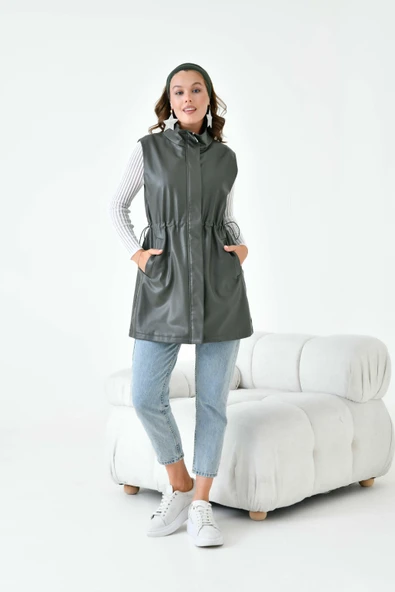 FTZ Women Kadın Deri Yelek  Haki 30927 - Resim 4