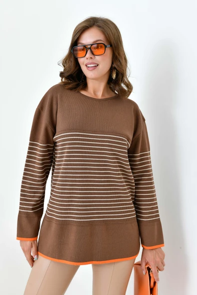 FTZ Women Kadın Çizgili Kazak  Kahve 20841 - Resim 4