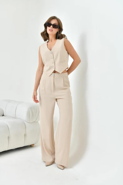 FTZ Women Kadın Simli Crep Yelekli Takım  Taş 30851 - Resim 5