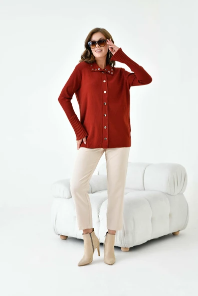 FTZ Women Kadın Kuş Gözü Detaylı Triko Gömlek  Kiremit 20820 ürün görseli