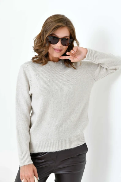 FTZ Women Kadın Boncuk İşlemeli Kazak  Taş 20741 - Resim 4