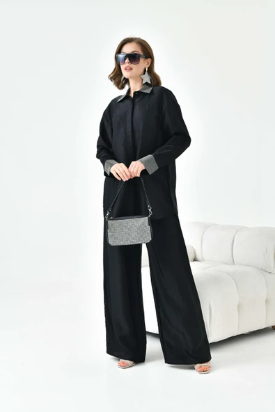 FTZ Women Kadın Yakası Ve Kolu Taşlı Takım  Siyah 30781 - Resim 5