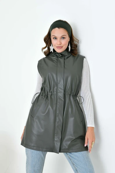 FTZ Women Kadın Deri Yelek  Haki 30927 - Resim 3