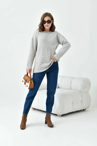 FTZ Women Kadın Çizgi Detaylı Kazak  Bej 20744 - Resim 2