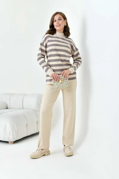 FTZ Women Kadın Çizgili İkili Takım  Bej 20796 - Resim 4