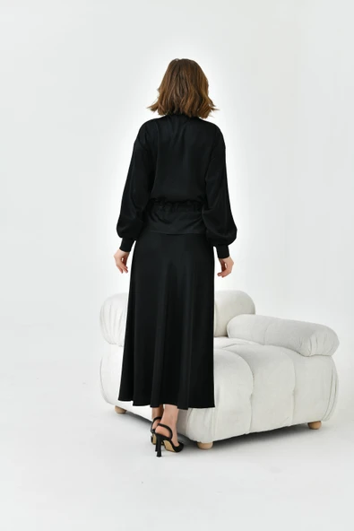 FTZ Women Kadın Büzgülü Ceketli Etekli Takım  Siyah 30725 - Resim 7