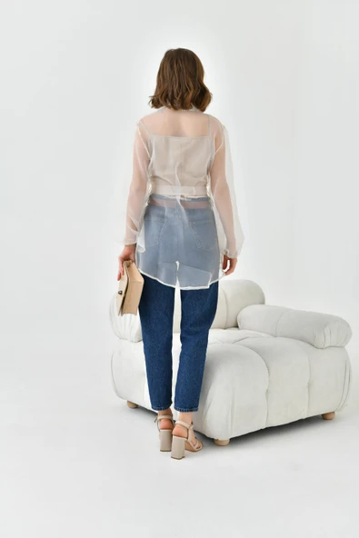 FTZ Women Kadın Desenli Şifon Kap  Beige 30737 - Resim 7