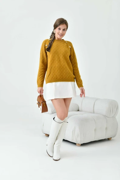 FTZ Women Kadın Gold Düğme Detaylı Bluz  Hardal 20699 - Resim 5