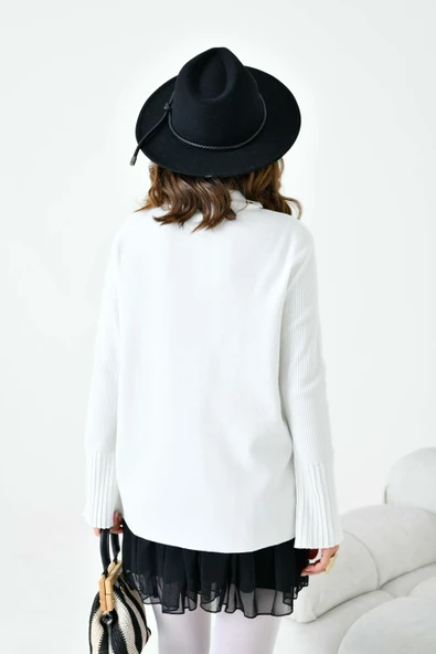 FTZ Women Kadın Kuş Gözü Detaylı Triko Gömlek  Ekru 20820 - Resim 7