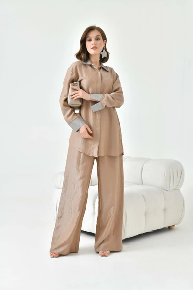 Ftz Women Kadın Yakası Ve Kolu Taşlı Takım Camel 30781