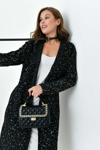 FTZ Women Kadın Kendinden Kemerli Uzun Hırka  Siyah 20737 - Resim 5