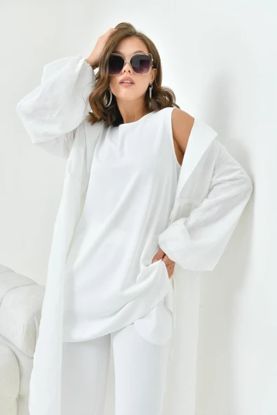 FTZ Women Kadın Kesme Jakar Üçlü Takım  Ekru 30847 - Resim 2