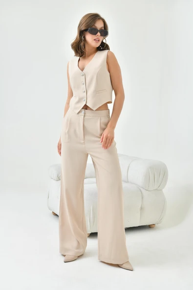 FTZ Women Kadın Simli Crep Yelekli Takım  Taş 30851 - Resim 4