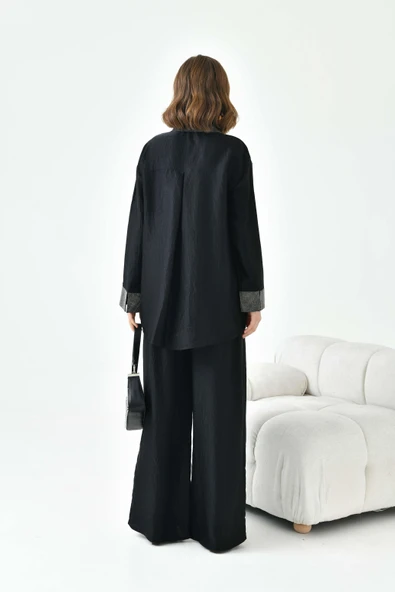 FTZ Women Kadın Yakası Ve Kolu Taşlı Takım  Siyah 30781 - Resim 7